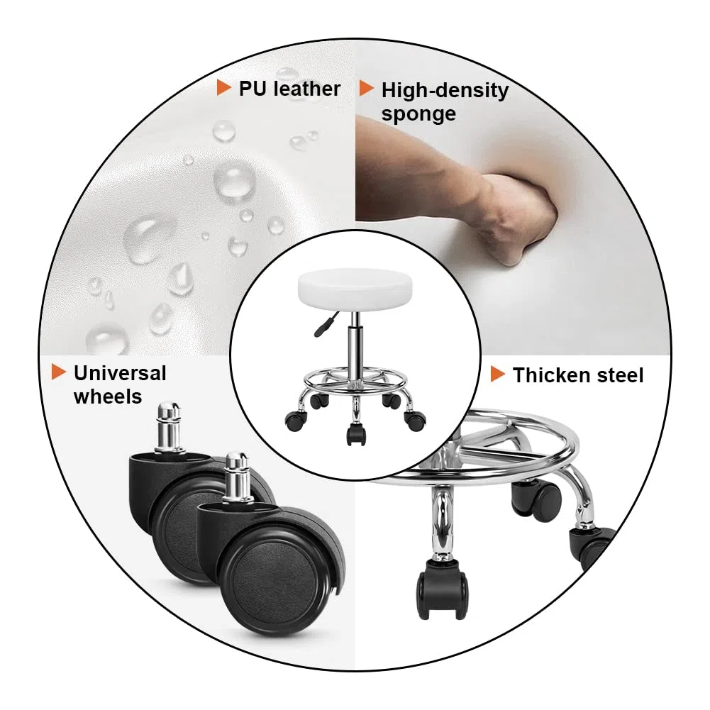 KKTONER Sgabello rotondo in pelle PU con poggiapiedi Regolazione dell'altezza della parte girevole Spa Salone di disegno Tattoo Workshop Massaggi Sgabelli Sedia operativa Bianco