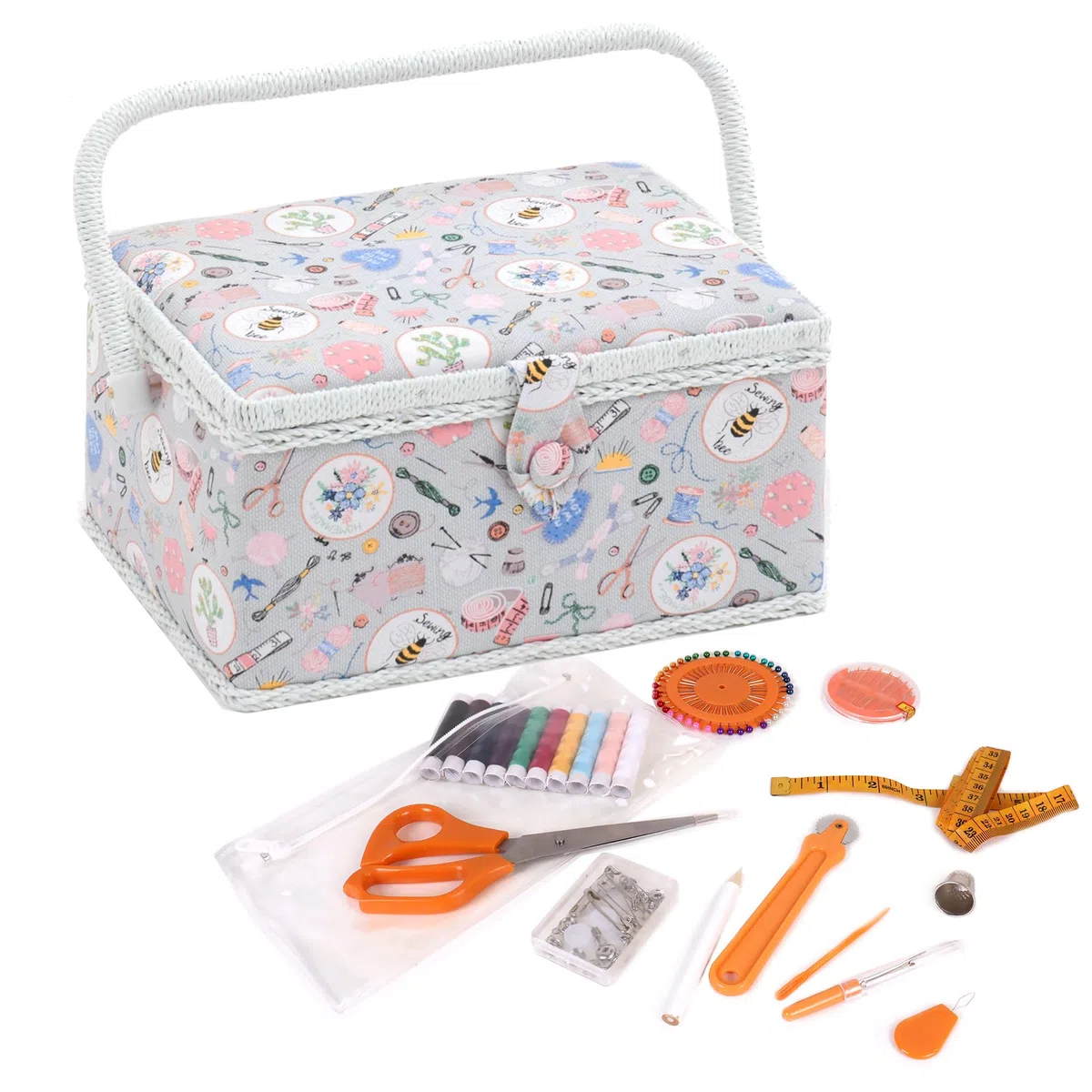Hobby Gift Scatola Media per Cucito Kit con Manico - Cestino Porta Cucito in Cotone con Scomparti per Strumenti e Accessori Creativi - 18,5 x 25,5 x 14,5 cm, Fatto in Casa
