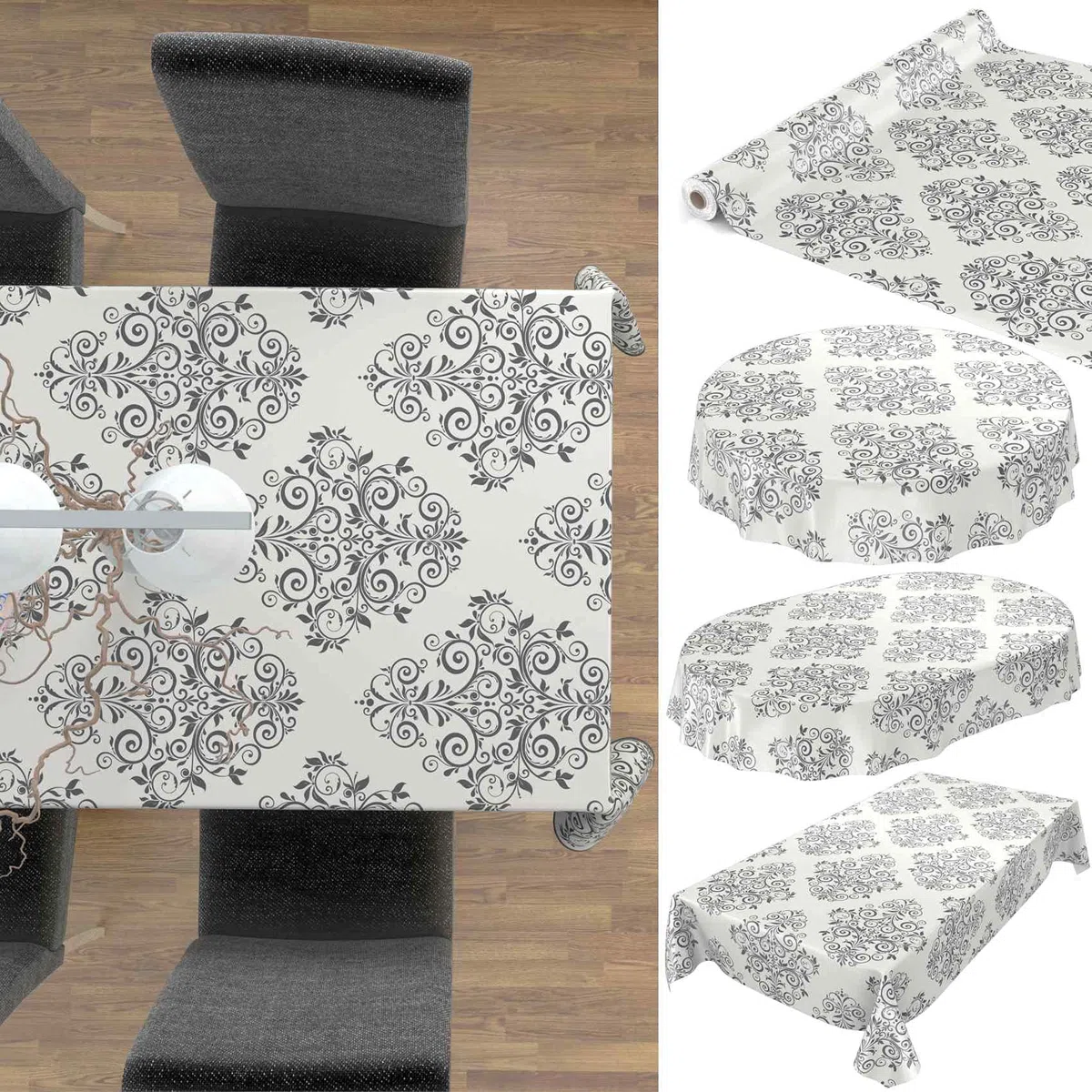 Tovaglia in tela cerata, lavabile, motivo viticci, colore beige/crema, ovale, 220 x 140 cm