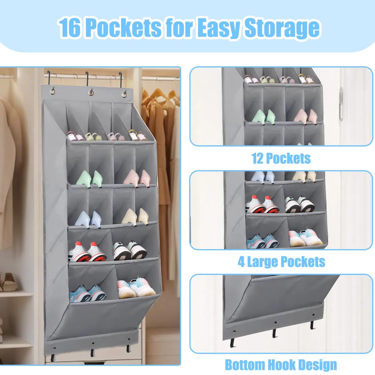 1 confezione organizer per scarpe da appendere sopra la porta scarpiera con 16 tasche portascarpe per armadio e dormitorio, organizer per scarpe (grigio)