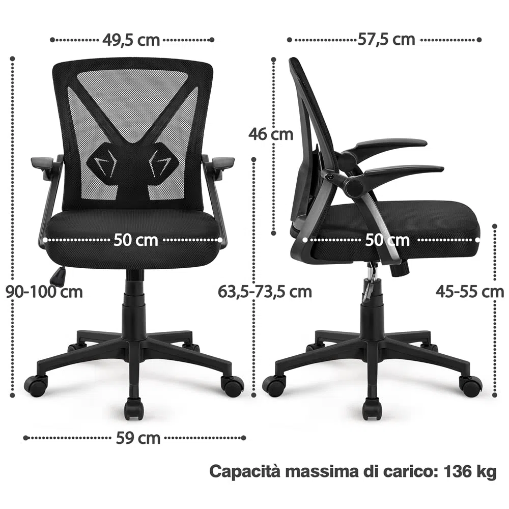 Yaheetech Sedia da Ufficio Scrivania Ergonomica Lombare con Braccioli Altezza Regolabili Ruote Girevoli Schienale in Rete Traspirante Portata 136 kg Nera