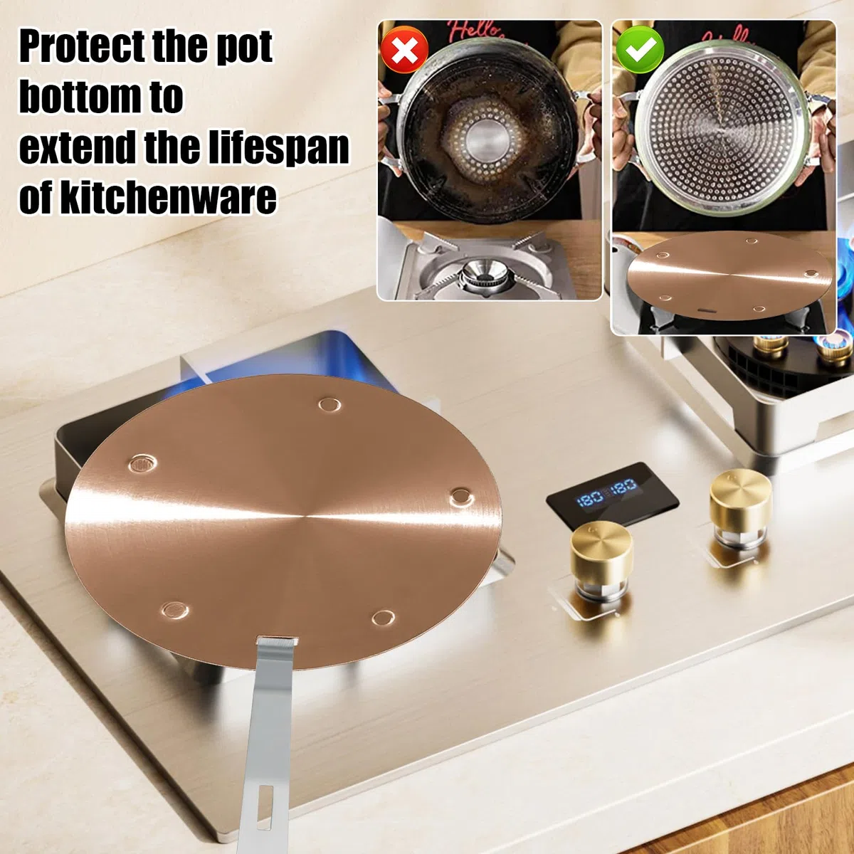 BigKing Piastra di Diffusione di Calore 16cm, Adattatore di Induzione, Disco convertitore di Piastra di Cottura a Induzione con Maniglia Rimovibile Isolante (Oro rosa)