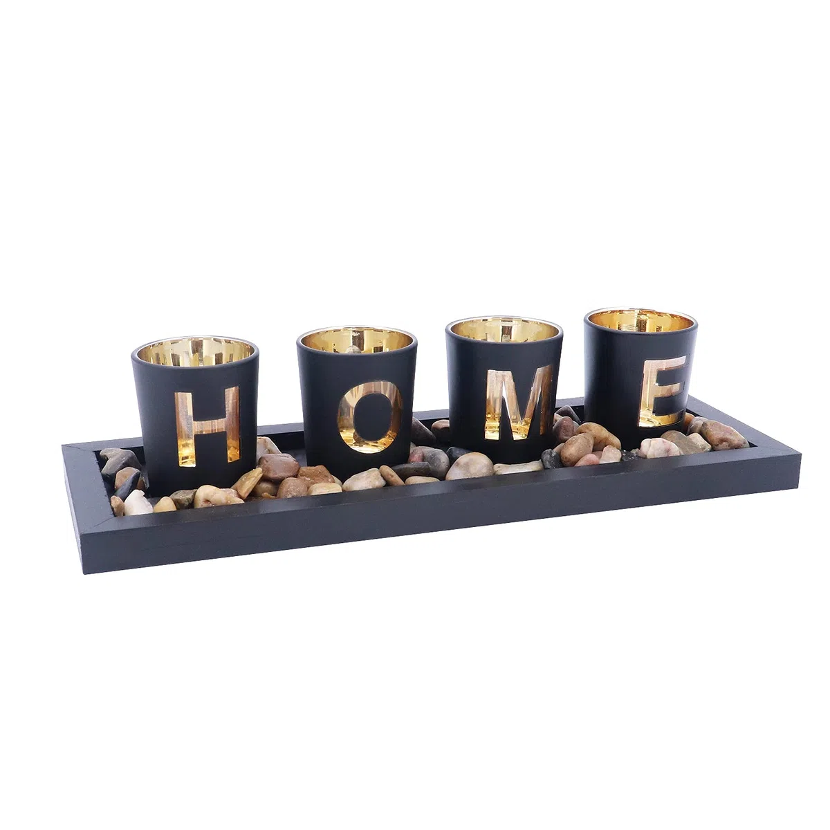 Set portacandele, include 4 bicchieri in vetro, pietre naturali e vassoio in legno per decorazioni da tavola per la casa (Home)