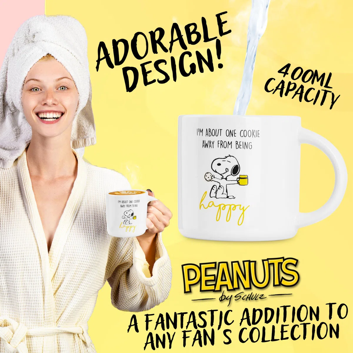 Peanuts Snoopy Tazza Caffe o Tazze Cappuccino, Carina Tazza in Ceramica per Donne Adolescenti, Regalo per Ufficio Donna (Caffè Bianco/Giallo 400ml)