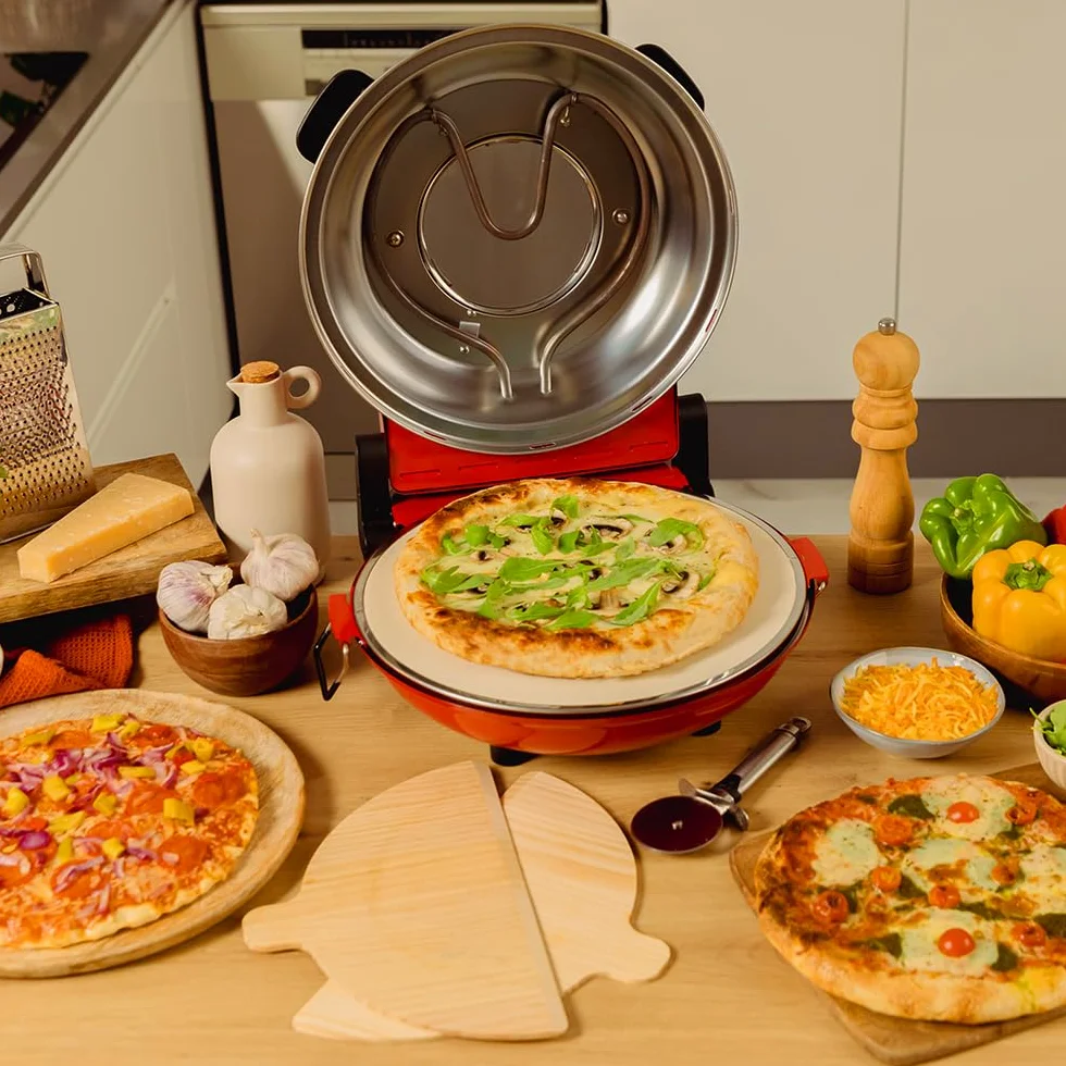Cecotec Forno grill elettrico per pizza Fun Pizza&Co Mamma Mía Vista, 1200 W, Timer 15 min, Temperatura massima di 420ºC in 3 min, Finestra di visualizzazione, Piastra in pietra, Rosso