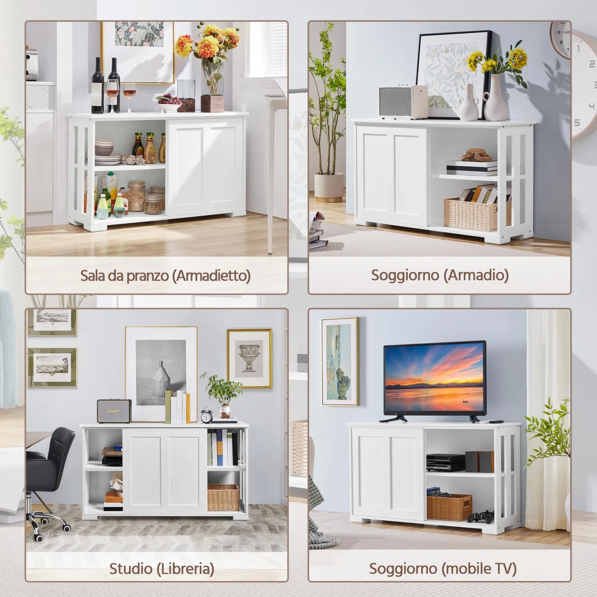 Yaheetech Credenza Mobile da Cucina Bianco con 2 Ante Scorrevoli Salvaspazio e Ripiano Regolabile in Legno Mobiletto TV da Salotto Soggiorno 106,7 x 33 x 63 cm
