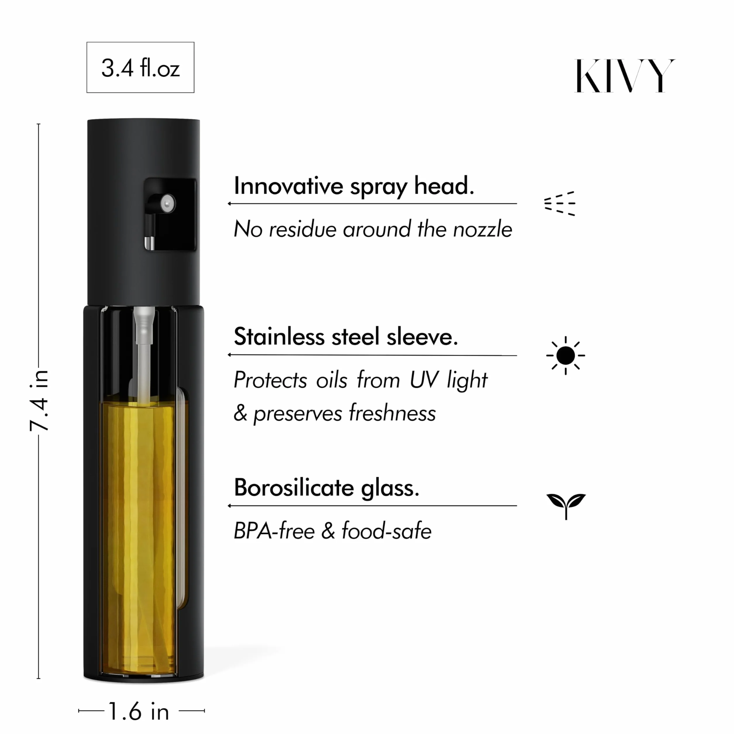 KIVY Spruzzatore di Olio in Vetro per Cucina – Bottiglia Spray Precisa per Olio e Aceto – Bottiglia Spray con Imbuto – Perfetta per Cucinare e Friggitrice ad Aria (Nero)