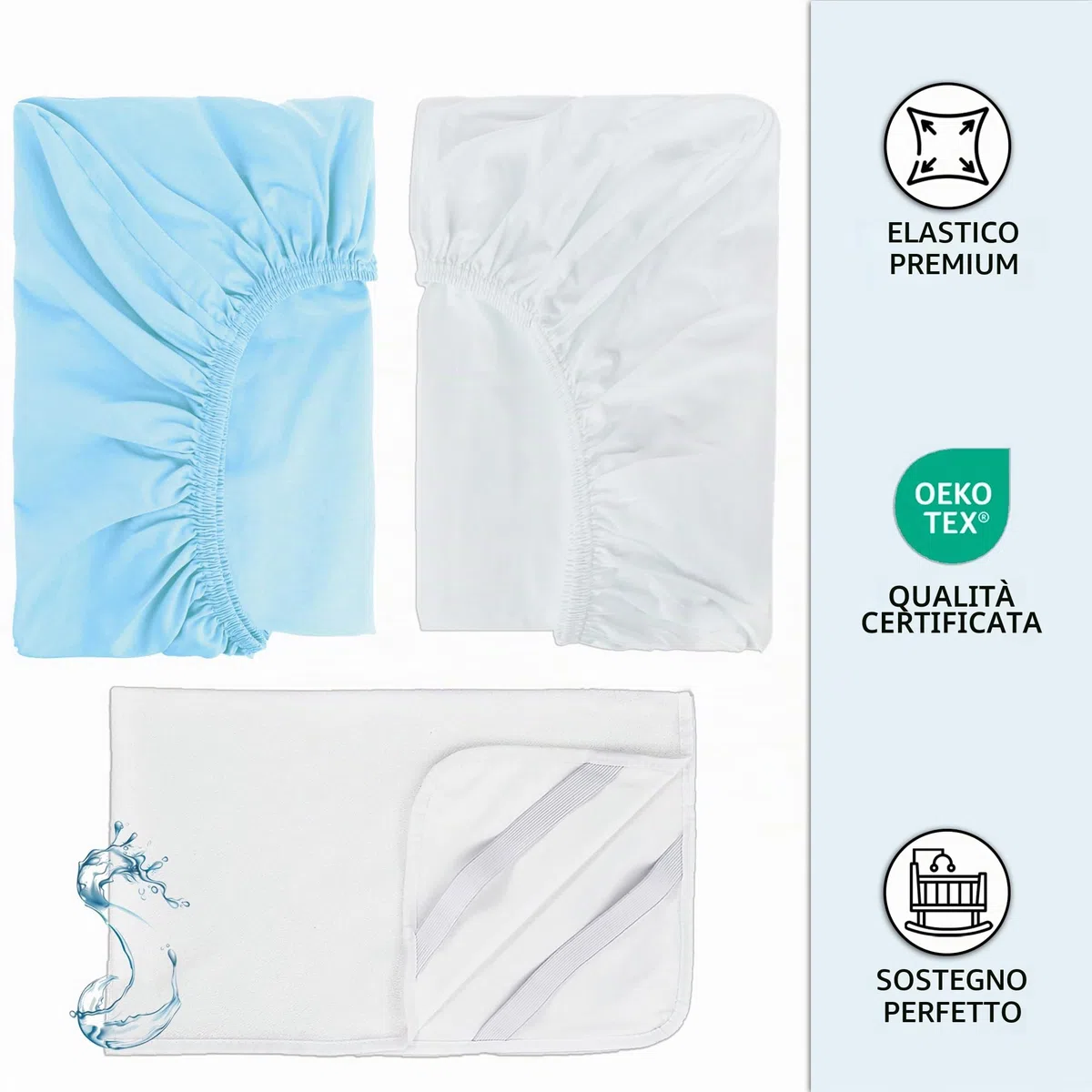 2 Lenzuola 80 x 160 cm con Angoli 100% Cotone + 1 Coprimaterasso Impermeabile - Biancheria per Lettino - Oeko-Tex- Compatibile con Letto Montessori (Bianco/Azzurro, 80 x 160 cm)