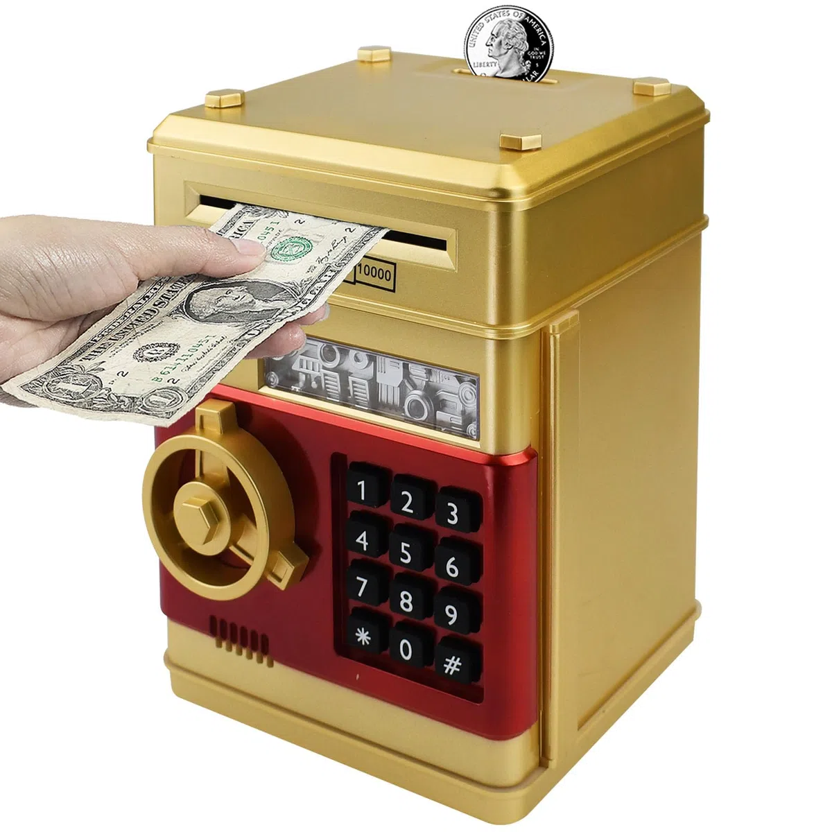 HUSAN Salvadanaio Elettronico per Bambini, Password Salvadanaio Mini ATM Piggy Bank Giocattolo Regalo di Compleanno per Bambini (Oro-)