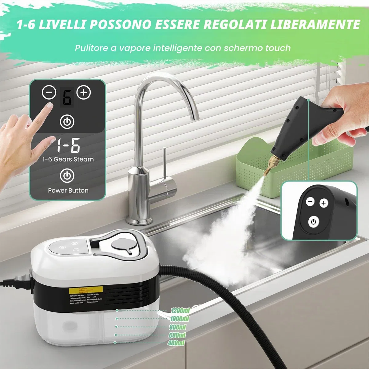 Pulitore a Vapore 2500W con Pulsante Touch Regolabile, Serbatoio Dell'acqua da 1200ml, 4 Accessori in 6 Velocità Regolabili, Pulitore a Vapore Portatile Riscaldamento Rapido da 15 Secondi per Cucina