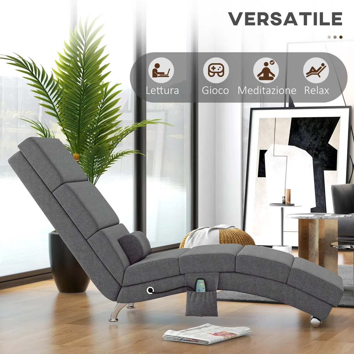 HOMCOM Poltrona Relax Massaggiante con 8 Punti Vibranti e Riscaldamento, 5 Modalità e 3 Timer, Chaise Longue Ergonomica in Tessuto Effetto Lino con Telecomando, Grigio