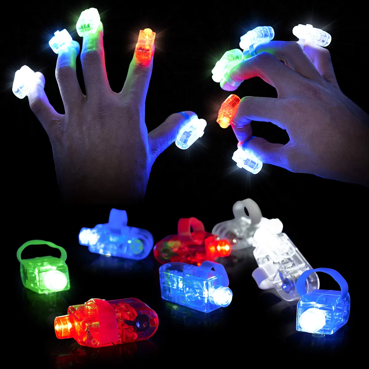 THE TWIDDLERS - 100 Luci da Dito LED - Elastico, Fino a 8 Ore di Durata Batteria, Sacchetti per Feste di Compleanno per Bambini, Carnevale, Halloween, Natale, Feste