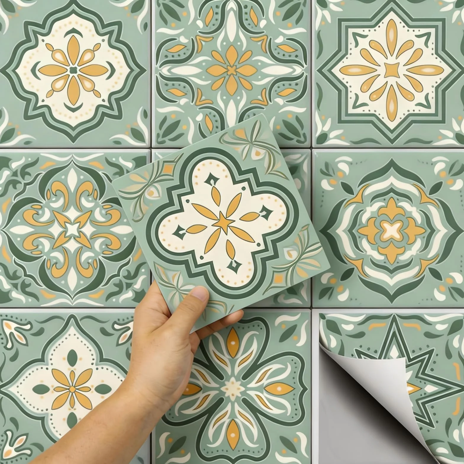 CHGCRAFT 36 Pezzi Adesivi per Piastrelle Verde e Giallo Guscio 10x10cm Adesivi da Parete Impermeabili Rimovibili in PVC Adesivi per Piastrelle Decorativi per Cucina Bagno Parete Tavolo Ufficio