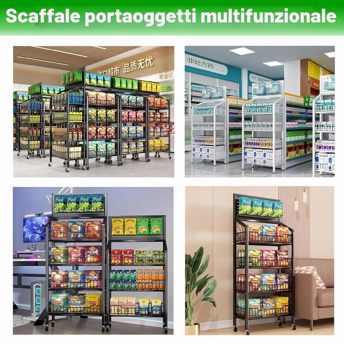 Scaffale per Snack a 5 Livelli del Supermercato, Mensole in Metallo con Ruote, Organizzatore di Snack da Pavimento per Negozi, Supermercati e Cucine, 15 Ganci