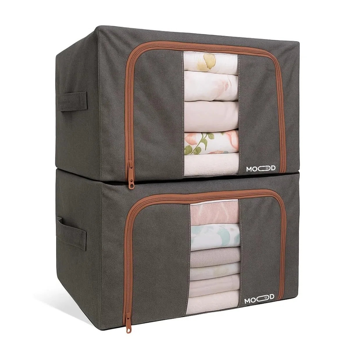 Generico Set 2 scatole per armadio rigide 52x42x33 cm, 132L totali - Tessuto impermeabile e resistente all'umidità, Organizer armadio impilabili con maniglie in acciaio e finestra trasparente