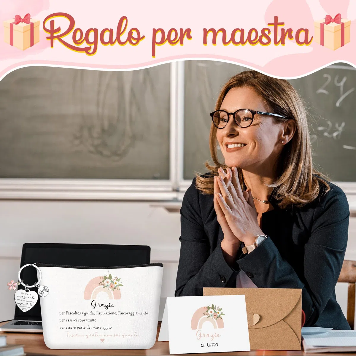 Xuniea 3 Sets Regalo Maestra Regalo Maestra Fine Anno Regali per Insegnanti, Borse Cosmetici Portachiavi Penne e Biglietti per Grazie, Laurea, Compleanno, ‌Festa degli Insegnanti
