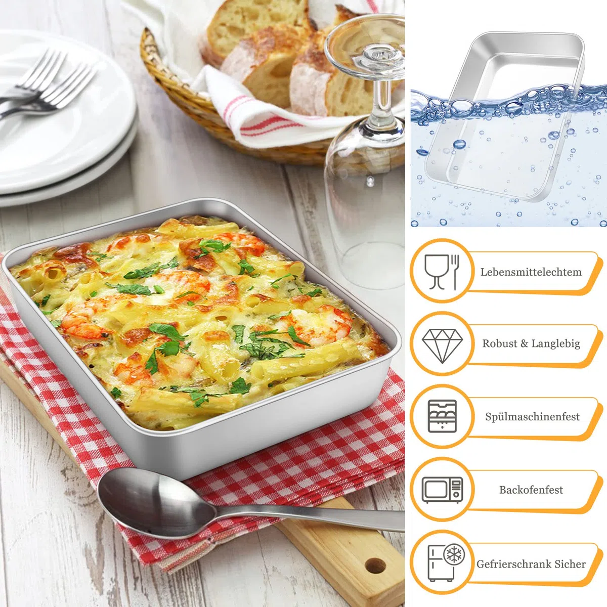 Teglia da forno Onader, 23,8 x 18 x 5 cm, in acciaio inox, rettangolare, piccola teglia da forno, per lasagne, atossica e sana, facile da pulire e lavabile in lavastoviglie
