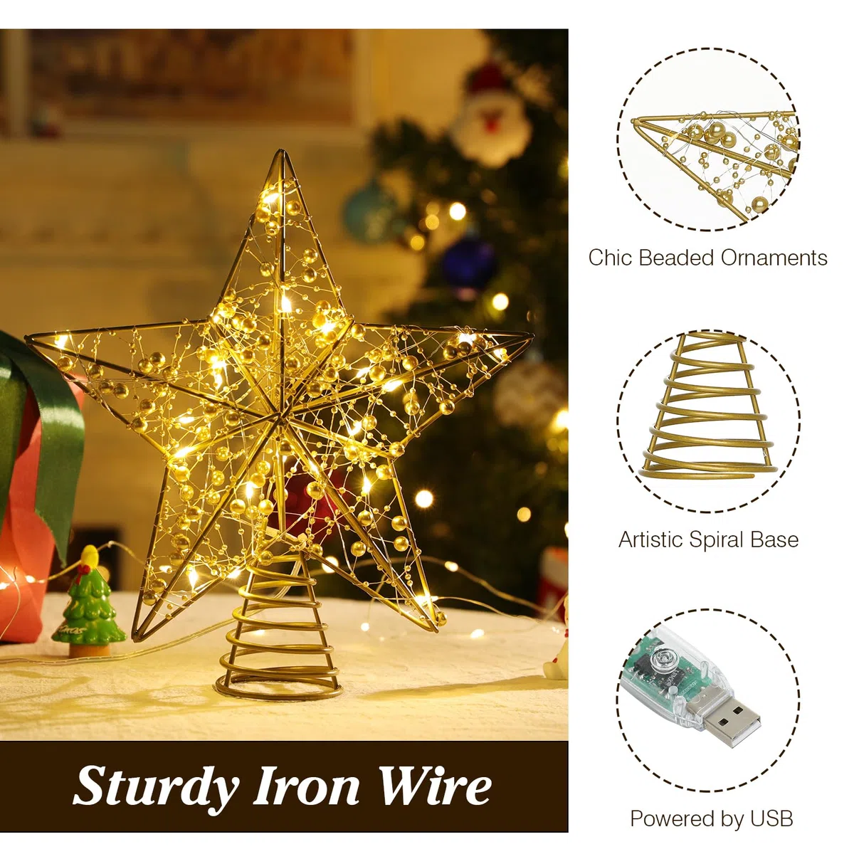 Lewondr Puntale per Albero di Natale a Forma di Stella, 11" Puntale con Base Spirale Telecomandato Alimentato da USB, 8 Modalità con Timer, Oro