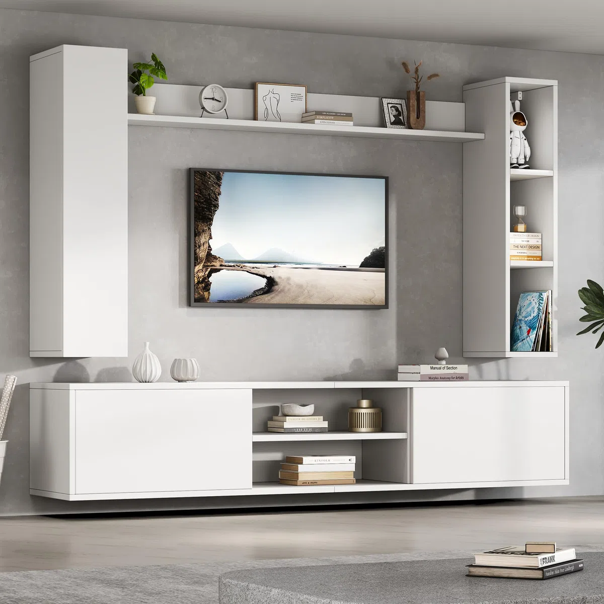 MURUL Set da parete per TV, 4 pezzi, 180 x 35 x 33,5 cm, bianco, con vetrine e supporto flessibile, per TV fino a 80 pollici