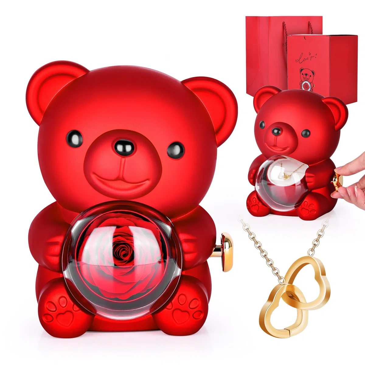 Rosa Stabilizzata,Orsacchiotto di Rose per San Valentino,Collana di Rose Stabilizzate con Scatola Girevole,Regalo per San Valentino,Regalo per la Festa della Mamma,Regalo di Compleanno