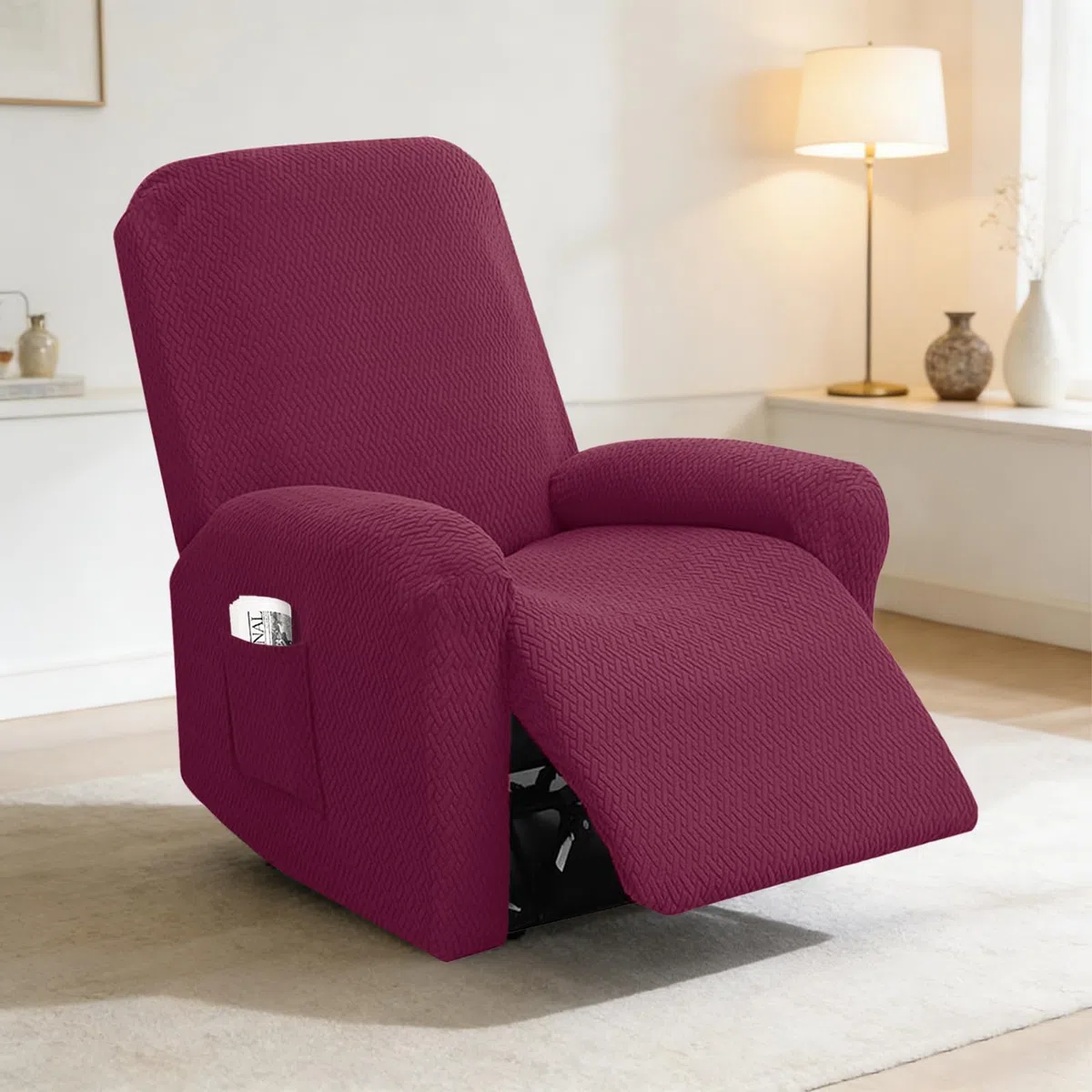 Set di 4 Copri Poltrona Relax Reclinabile, Copripoltrona 1 Posto Elasticizzato con Tasche e Braccioli,Utte le Inclusive Strisce Jacquard, Lavabile (Borgogna)