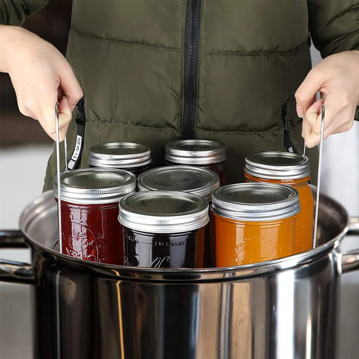 Home Kit di strumenti per l'inscatolamento, pinze per sollevare barattoli di vetro, set di inscatolamento in acciaio inox, imbuto per riempimento e apribottiglie per una facile apertura dei coperchi