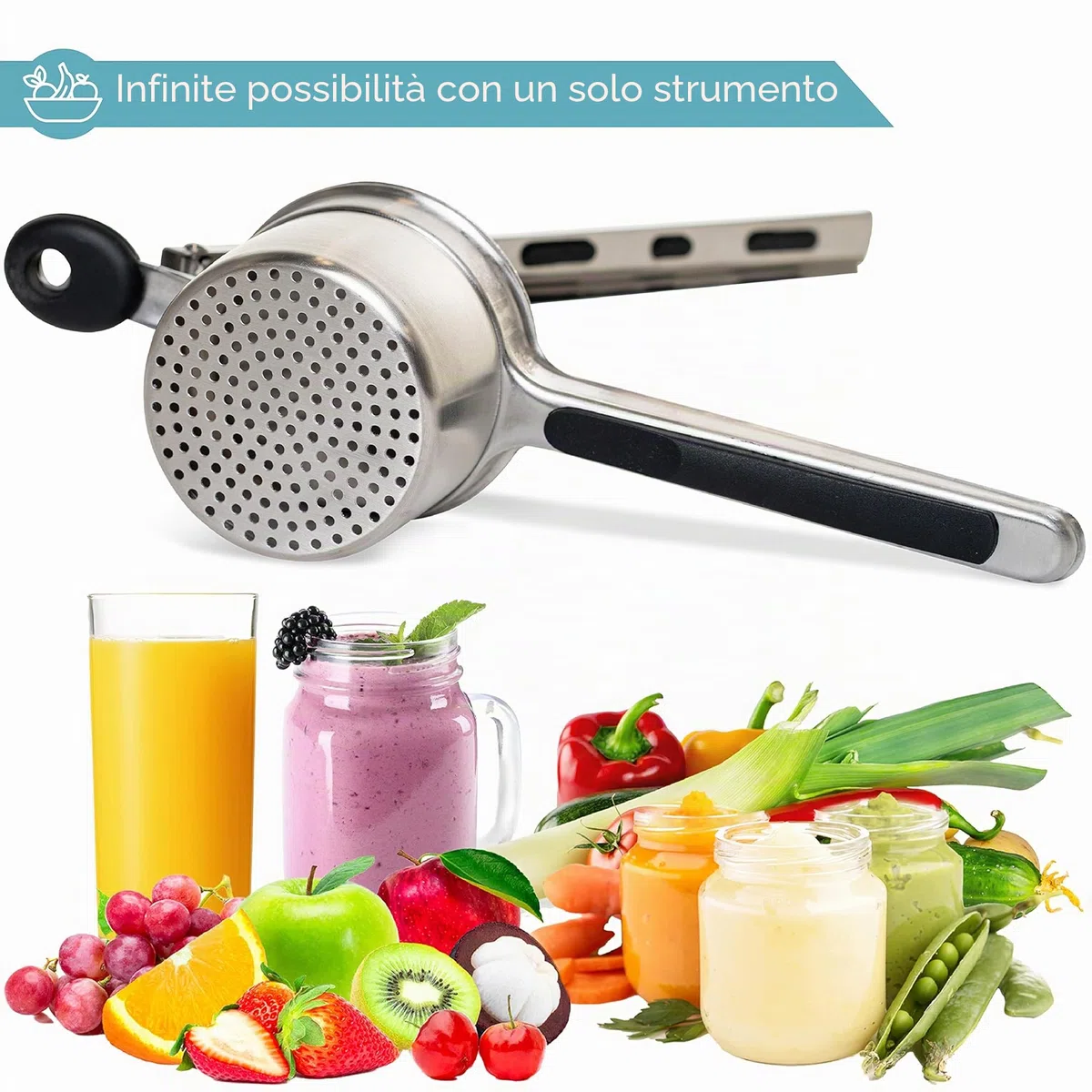 HEFTMAN Schiacciapatate - Schiacciapatate Acciaio Inox con Manici Ergonomici in Silicone, Schiaccia Verdure Manuale, Sciacciapatate per Alimenti per Bambini Frutta Verdura (Lavabile in Lavastoviglie)