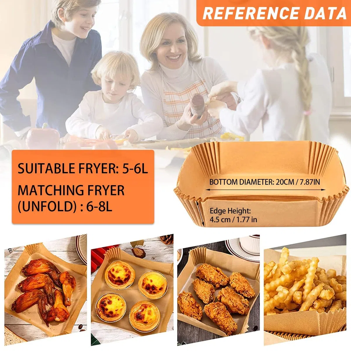 Carta forno per friggitrice ad aria 400 unità da 20-24 cm Quadrata. Adatto al friggitrice ad aria, da 5 a 8 litri. Carta Air Fryer certificata per uso alimentare BPA Free, FDA e LFGB
