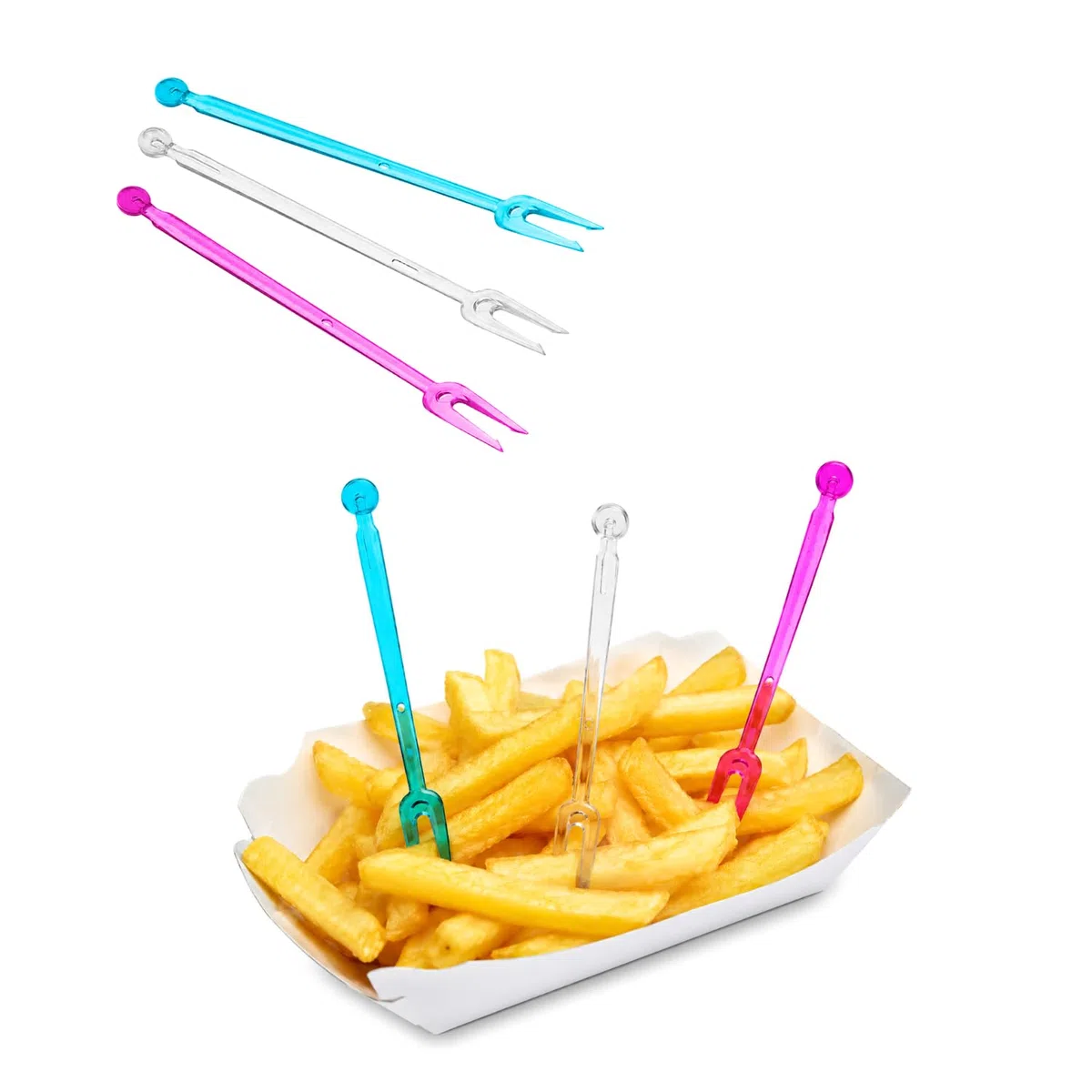 Paluplus 3000 Forchettine a 2 punte RIUTILIZZABILI, lunghezza 8,5 cm, forchette da Aperitivo per alimenti, Finger Food, Stuzzichini, colori misti Trasparente, Lilla e Celeste -NFC
