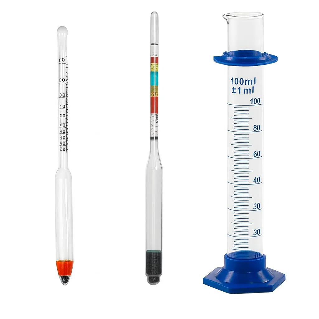 Alcolometro 0–100 % + Idrometro Tripla Scala SG + Cilindro graduato Vetro 100 ml – Set di precisione per Spiriti, Birra e Vino