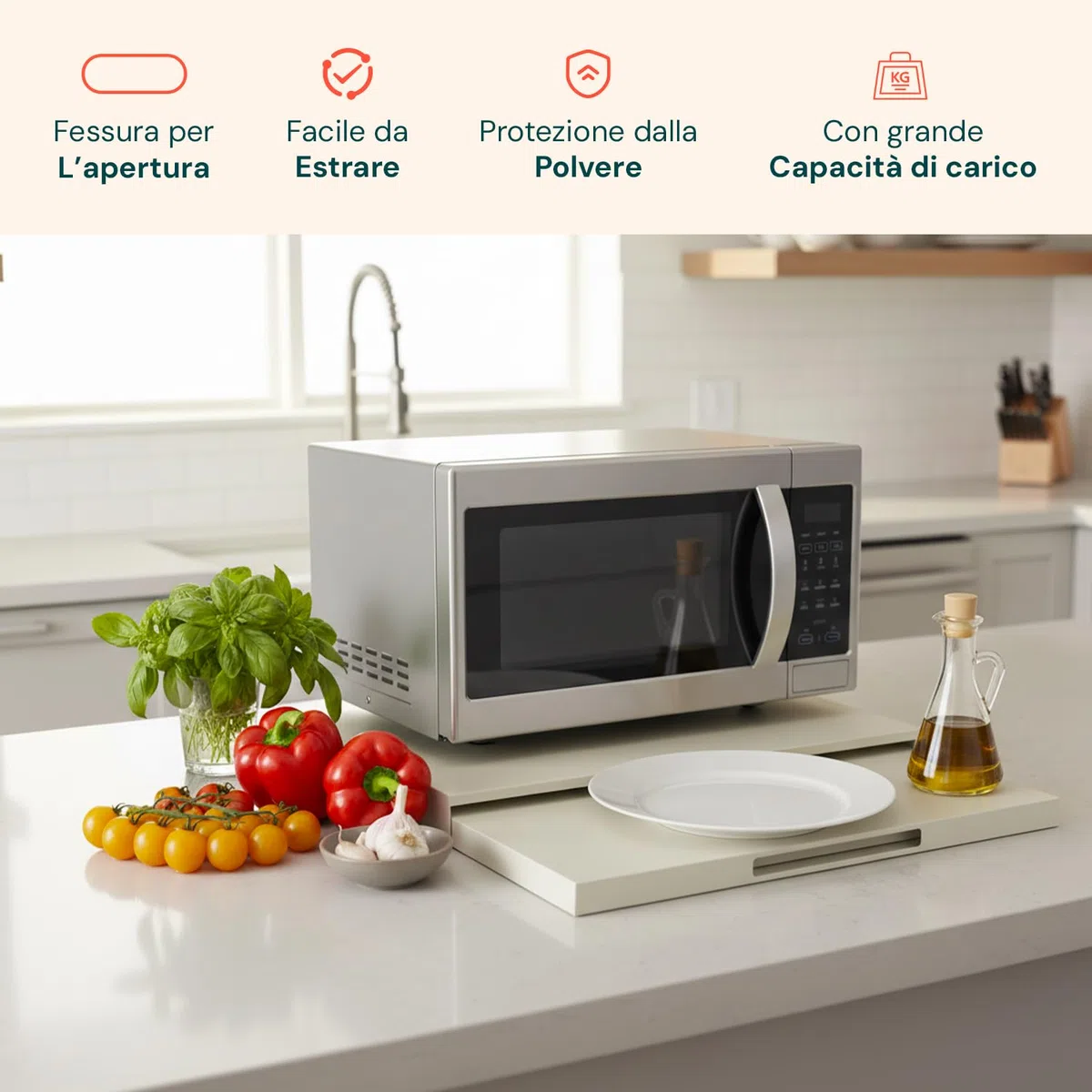 Avilia Scaffale Cucina Salvaspazio Estensibile 39-62 cm in Metallo – Alzatina Cucina Top con Ripiano Estraibile per Forno, Tostapane e Microonde – Organizzatore Cucina con Ganci e Antiscivolo