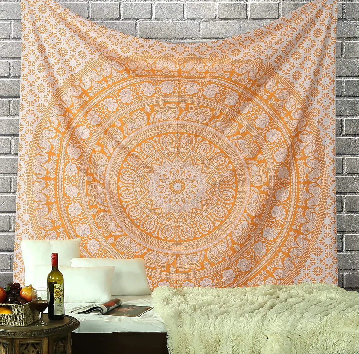 RAJRANG Grande Arazzo Mandala da Appendere Alla Parete per Camera da Letto Spiaggia Plaid Stampato Estetico Boho - Colore Arancione - 274x228 cm (Re) Arazzi in Cotone Elefante