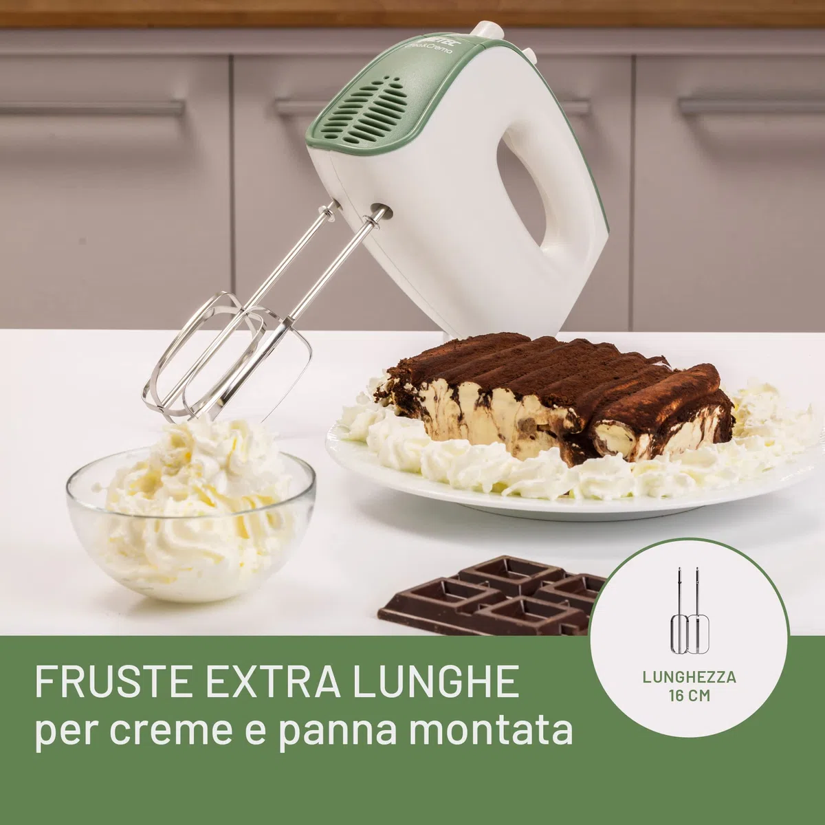 Imetec Crea&Crema sbattitore elettrico, Fruste extralunghe per impasti dolci e panna montata, Ganci acciaio inox per impastare, 5 velocità, Funzione turbo, Design ergonomico, 500 w