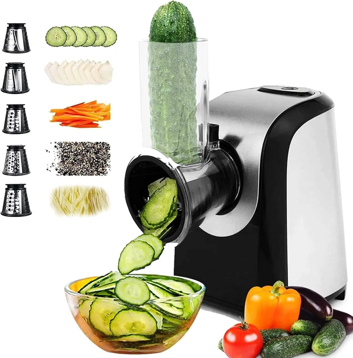 Affettatrice elettrica automatica per verdure, grattugia elettrica da cucina con 5 lame coniche, grattugia e tritatutto elettrico per verdure con controllo a un pulsante