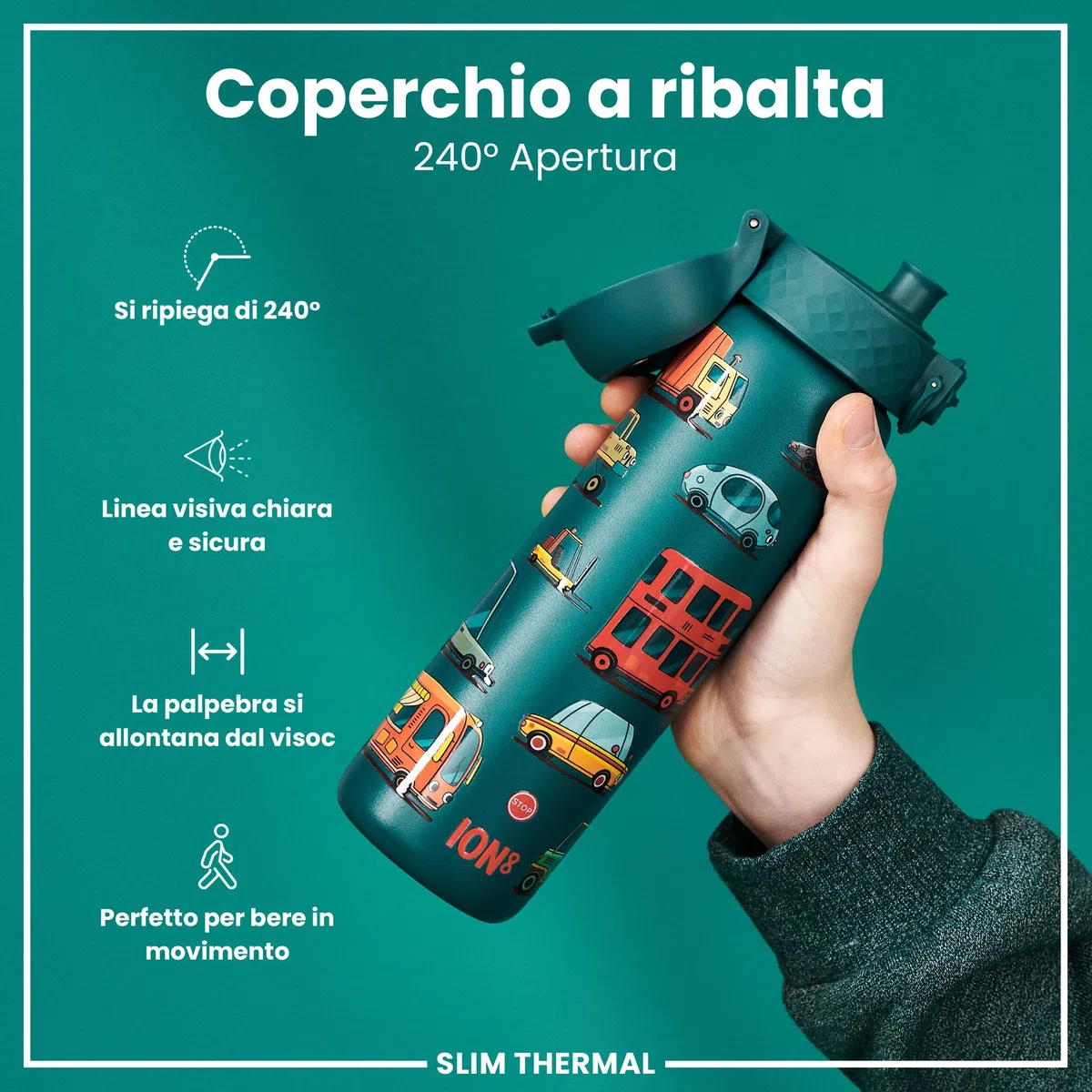 Ion8 Borraccia Termica in Acciaio Isolato, 500ml, a Prova di Perdite, Facile da Aprire, Serratura Sicura, Lavabile in Lavastoviglie, Maniglia per il Trasporto, Facile Pulizia, Durevole,Automobili