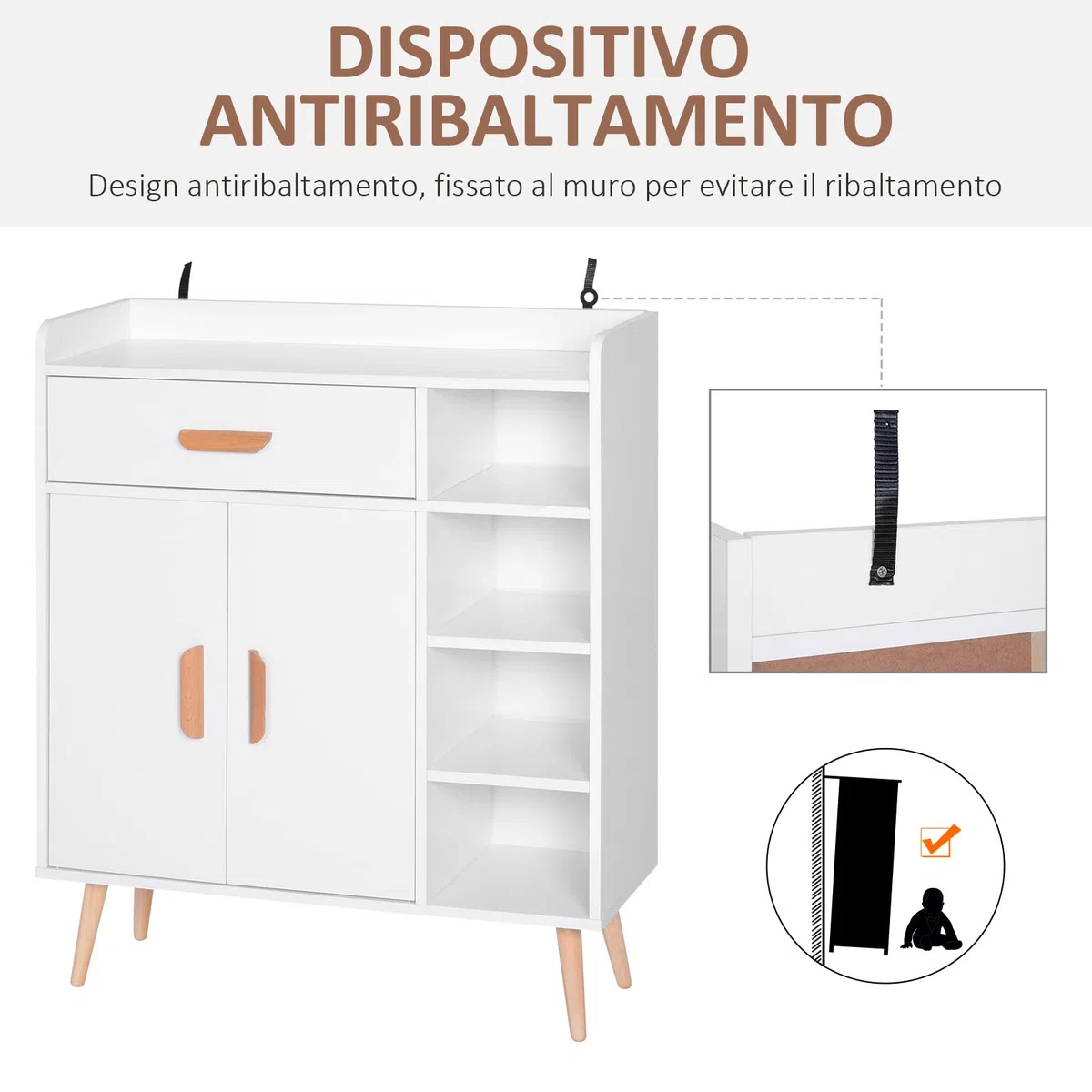 HOMCOM Credenza Moderna con Armadietto e Cassetto, Mobile Multiuso in Legno per Cucina e Salotto, 80 x 29.5 x 96cm Bianco