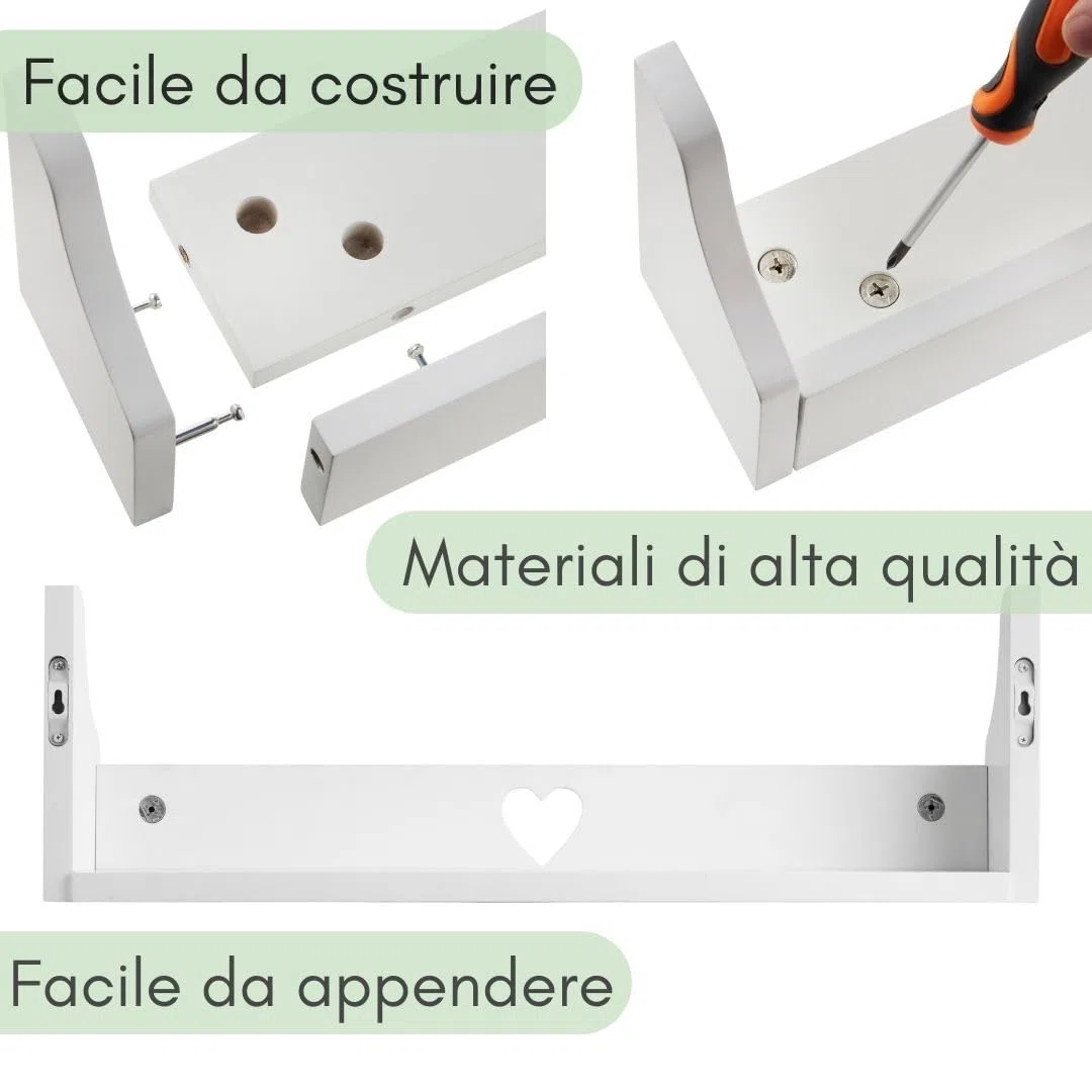 Haus Projekt Mensola a Parete per Bambini Cuore Scaffale Libreria Bambini, Mensole Cameretta, Organizer, Soluzione di Stoccaggio Multiuso a Parete, Heart Chubby Shelf (Pacchetto 3, Pino) 50x10x16cm