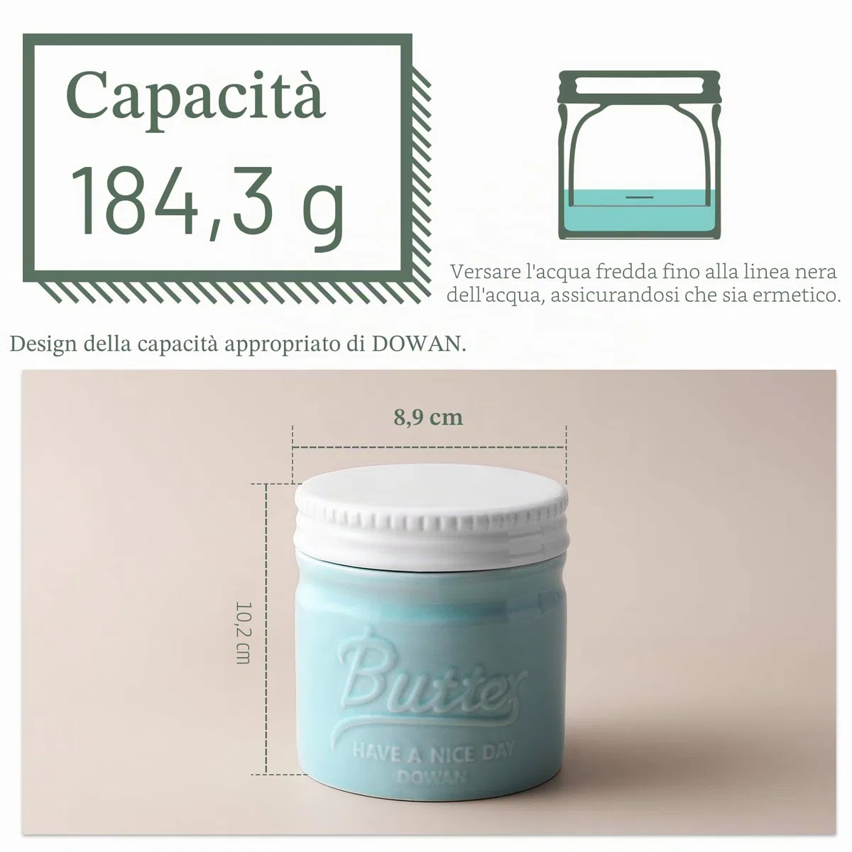 DOWAN Burriera in Porcellana, Portaburro in Porcellana, Burriera Stile Barattolo di Vetro con Coperchio e Acqua, Morbido e Distribuibile, Gadget da Cucina, Blu