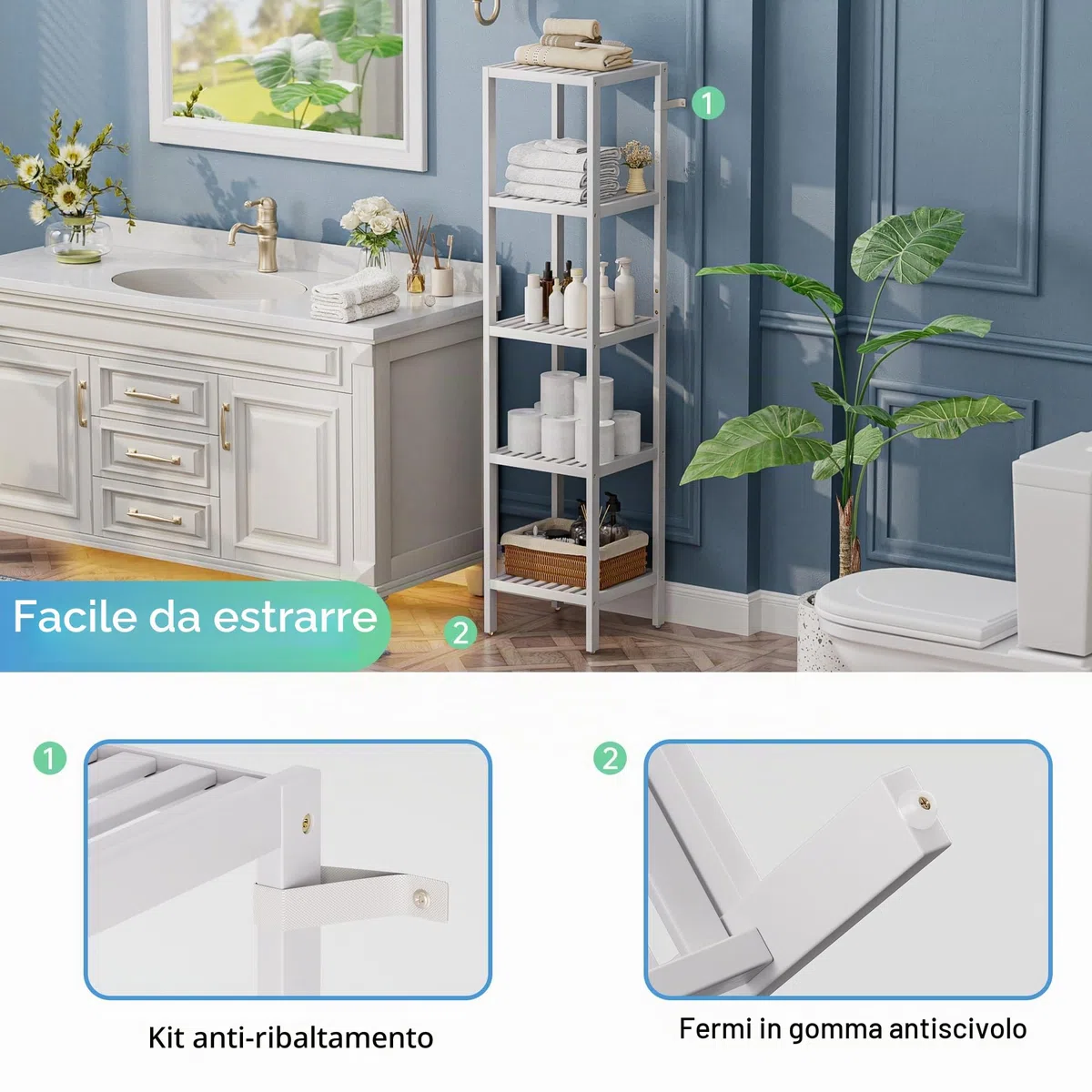 SMIBUY Scaffale per il bagno, organizzatore di scaffali in bambù a 5 livelli, scaffale multifunzionale per soggiorno, camera da letto, cucina (bianco)