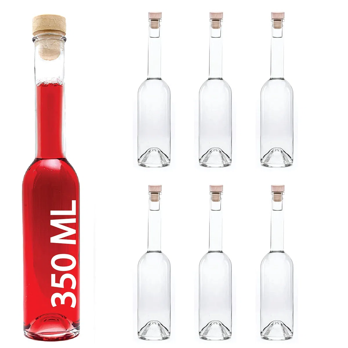 6 Bottiglie di Vetro, capacità: 350 ml. Modello: OPI-HGK. Bottiglie da riempire, per liquori, Grappa, aceto, Olio