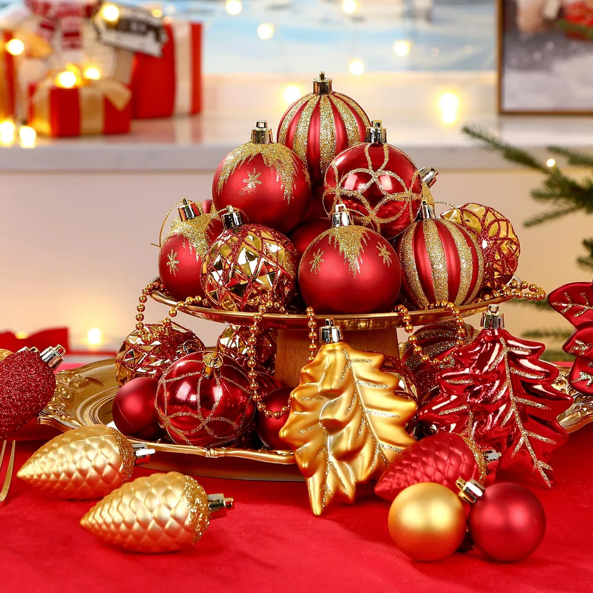 SHareconn 2025 Nuovo set di ornamenti di 106pcs Baubles di Natale, Baubles decorativi di plastica infrangibile per decorazioni dell'albero di Natale, Rosso rubino E Oro