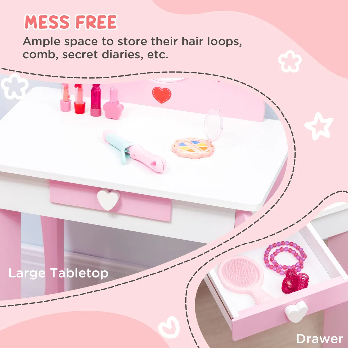 ZONEKIZ Set Tavolo Trucco con Sgabello e Specchio e Cassetto in Legno MDF per Bambini da 3-6 Anni, Bianco e Rosa