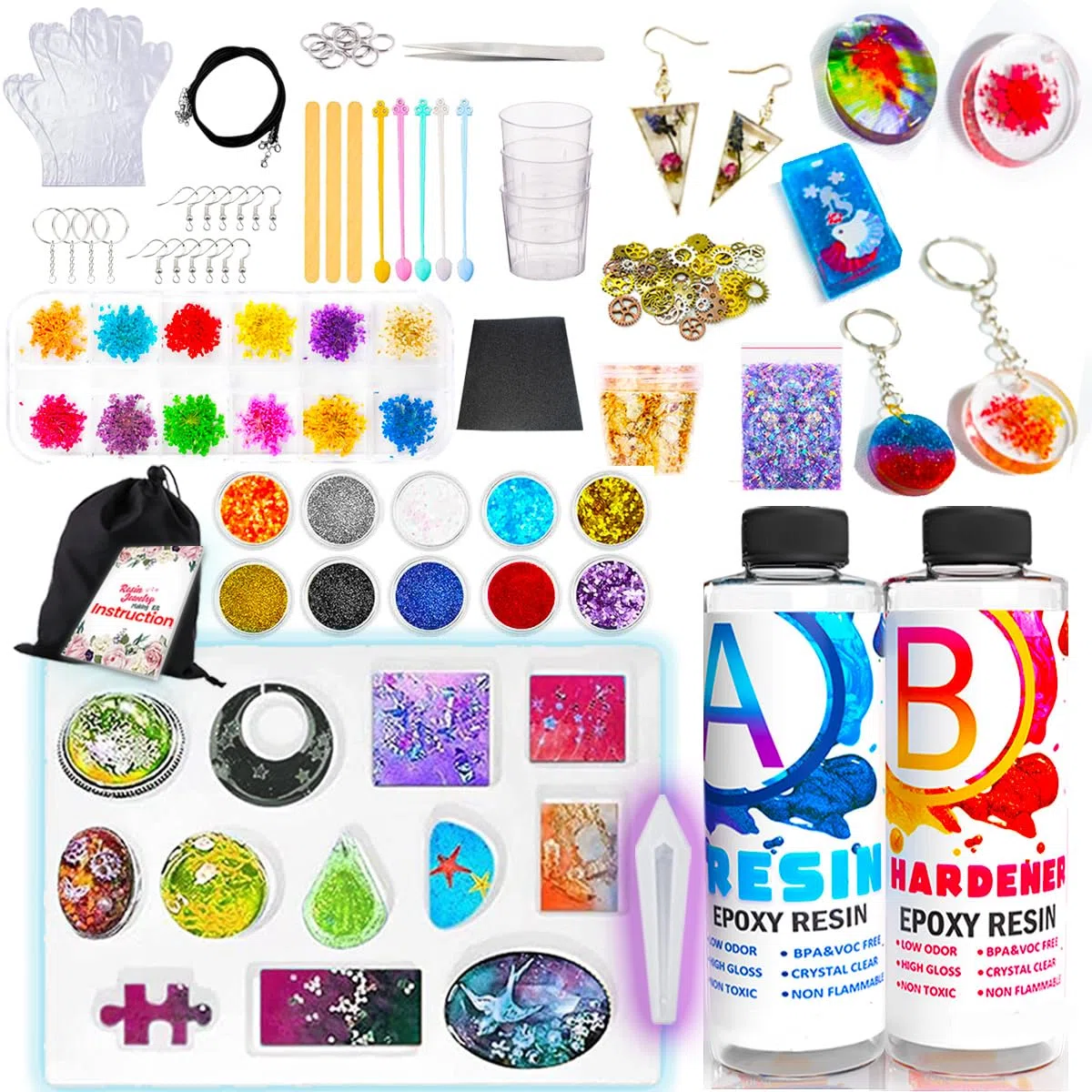 Goody King Kit Resina Epossidica Trasparente per Principianti - Set Completo con Stampi e Accessori per Creare Gioielli - Kit Resina Epossidica Completo per la Creazione di Gioielli, Fai da Te