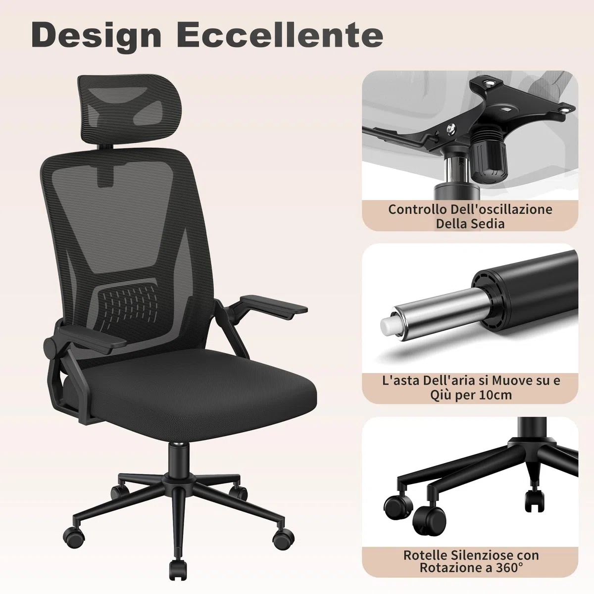 naspaluro Sedia da Ufficio,Con Braccioli Ribaltabili a 90°,Sedie Scrivania Ergonomica Lombare, Con Poggiatesta, Rivestimento in Rete Traspirante, Sedia Girevole a 360° Con Funzione Swing,Nero