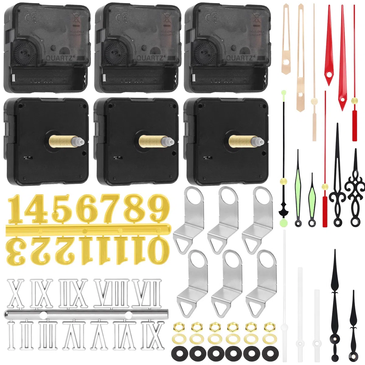 Swpeet Kit di 6 meccanismi di movimento per orologio da 28 mm, 6 movimenti dell'orologio con 6 ganci, 6 diverse paia di lancette orologio, 6 set di accessori di montaggio, 2 set di numeri per orologio