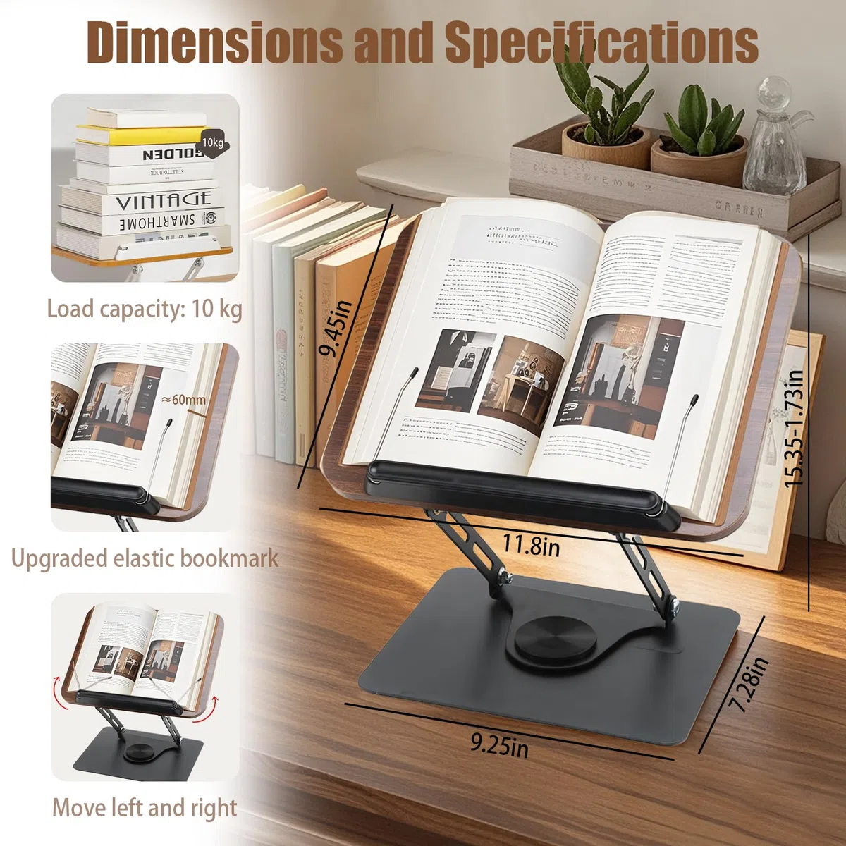 Porta Libri regolabile con pannello base girevole in legno e graffette Leggio da lettura Porta Libri resistente e porta Libri portatile per libri, cuochi, Ricette, iPad, Tablet, Spartito