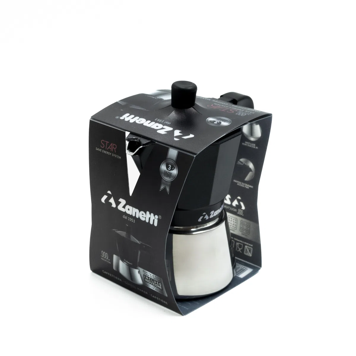 Zanetti, Star Caffettiera Moka Induzione Tre Tazze, Espresso Con Caldaia in Acciaio Inox e Manici Ergonimici, Adatta ai Piani a Induzione 3 Tazze Colore Nero