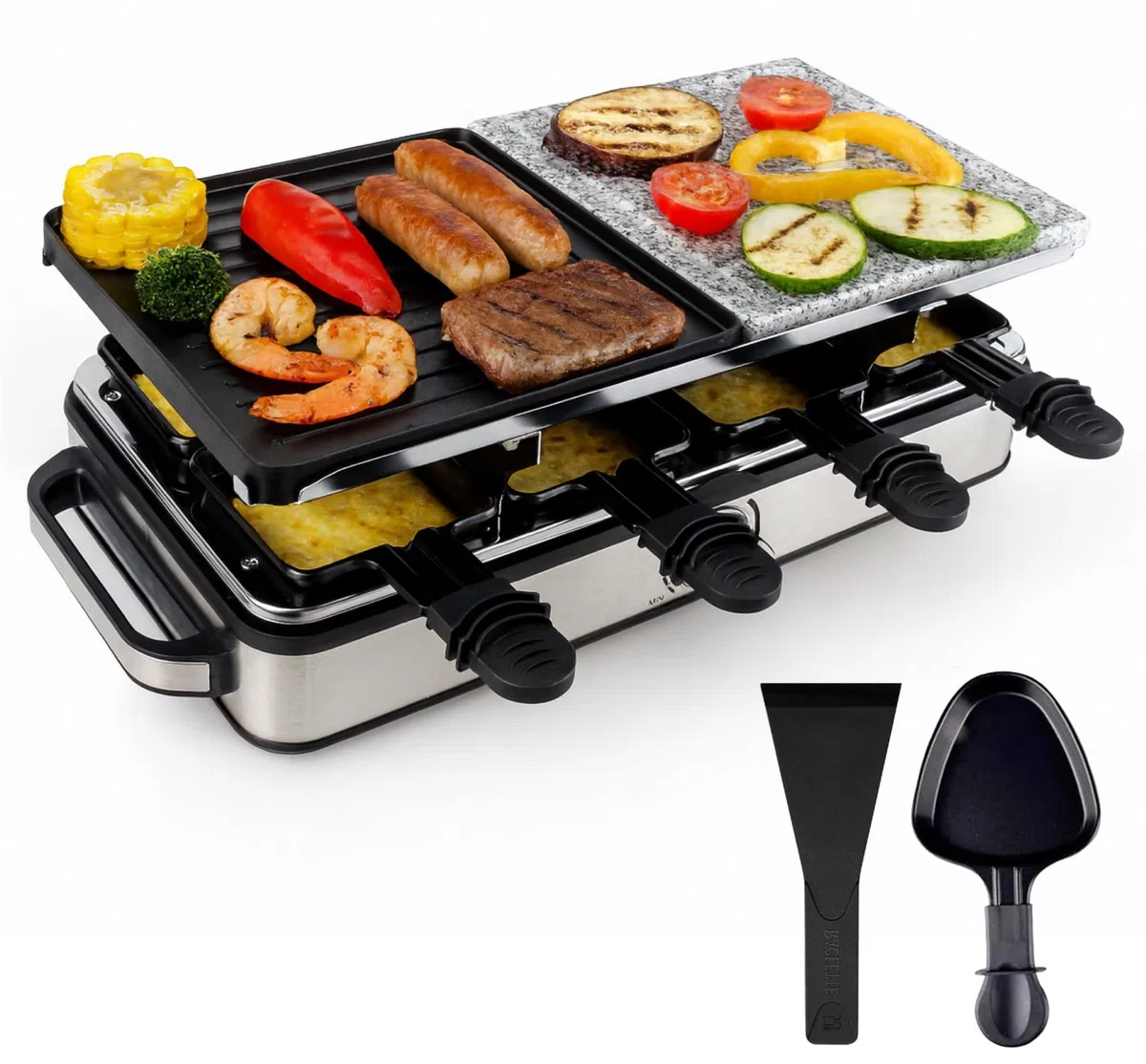 Set raclette per 8 persone con piastra in pietra calda con padella e raschietto – antiruggine e regolabile (rettangolare)