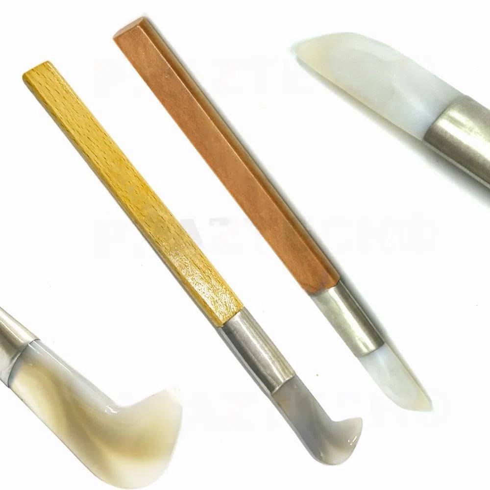 Combo 2 pezzi pietra naturale 100% agata brunitore gioiellieri strumento – fiamma hockey e bordi coltello | argilla metallica | applicare tono oro argento lamina di metallo | facile da usare