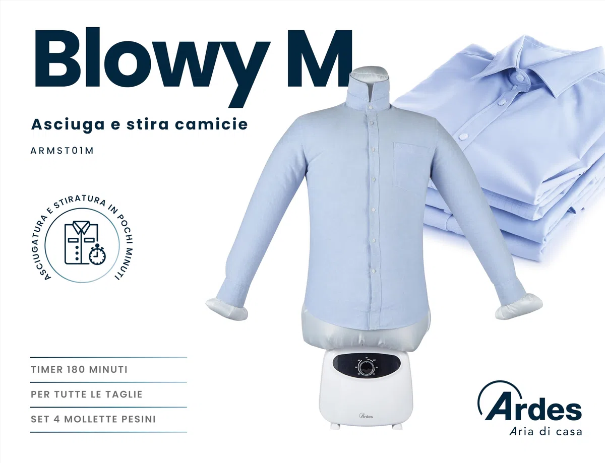 Ardes ARMST01M Stira Camicie Automatico BLOWY M Manichino Asciugatura e Stiratura Magliette, Camicette, Ferro da Stiro Verticale 2 in 1 Asciuga Senza Pieghe con 4 Clip Peso